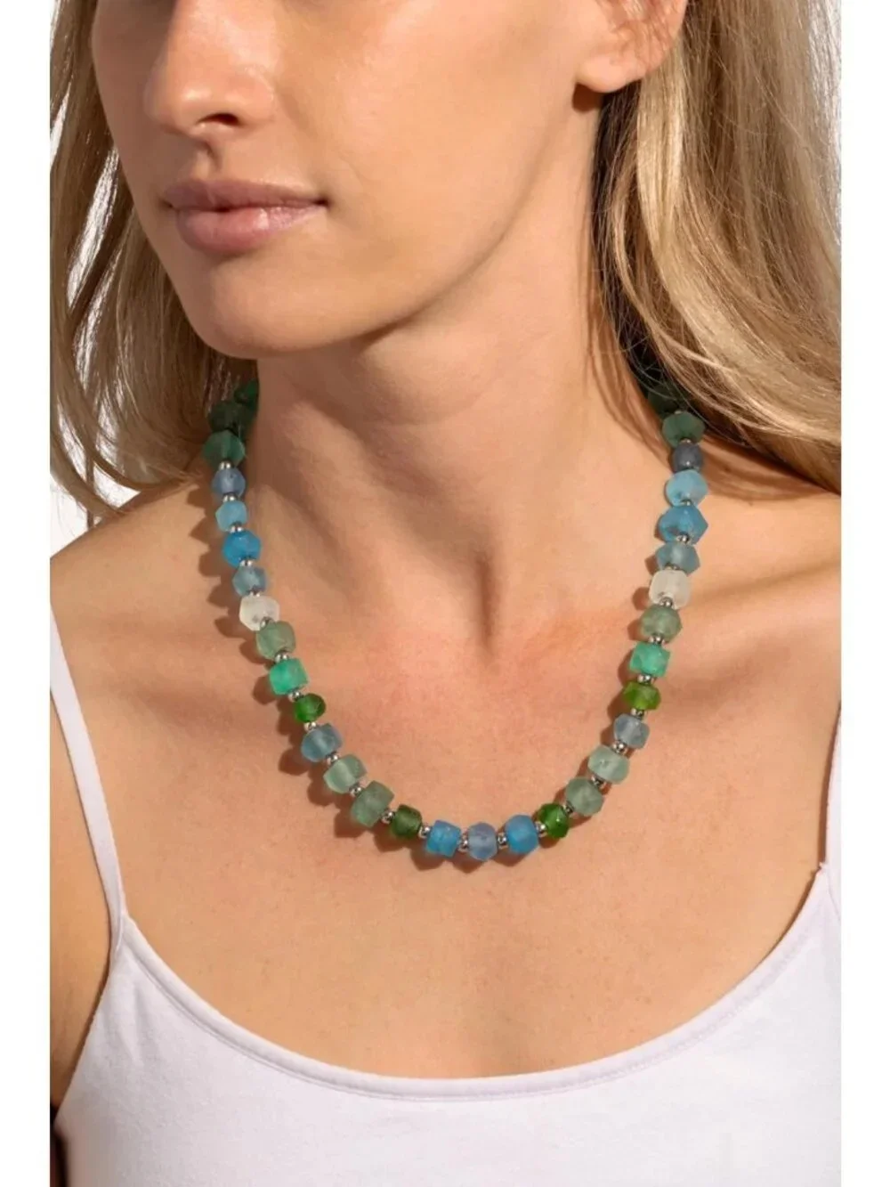 Handmade Chunky Frosted Sea Glass Beaded Necklace - Boho Adjustable 16-18